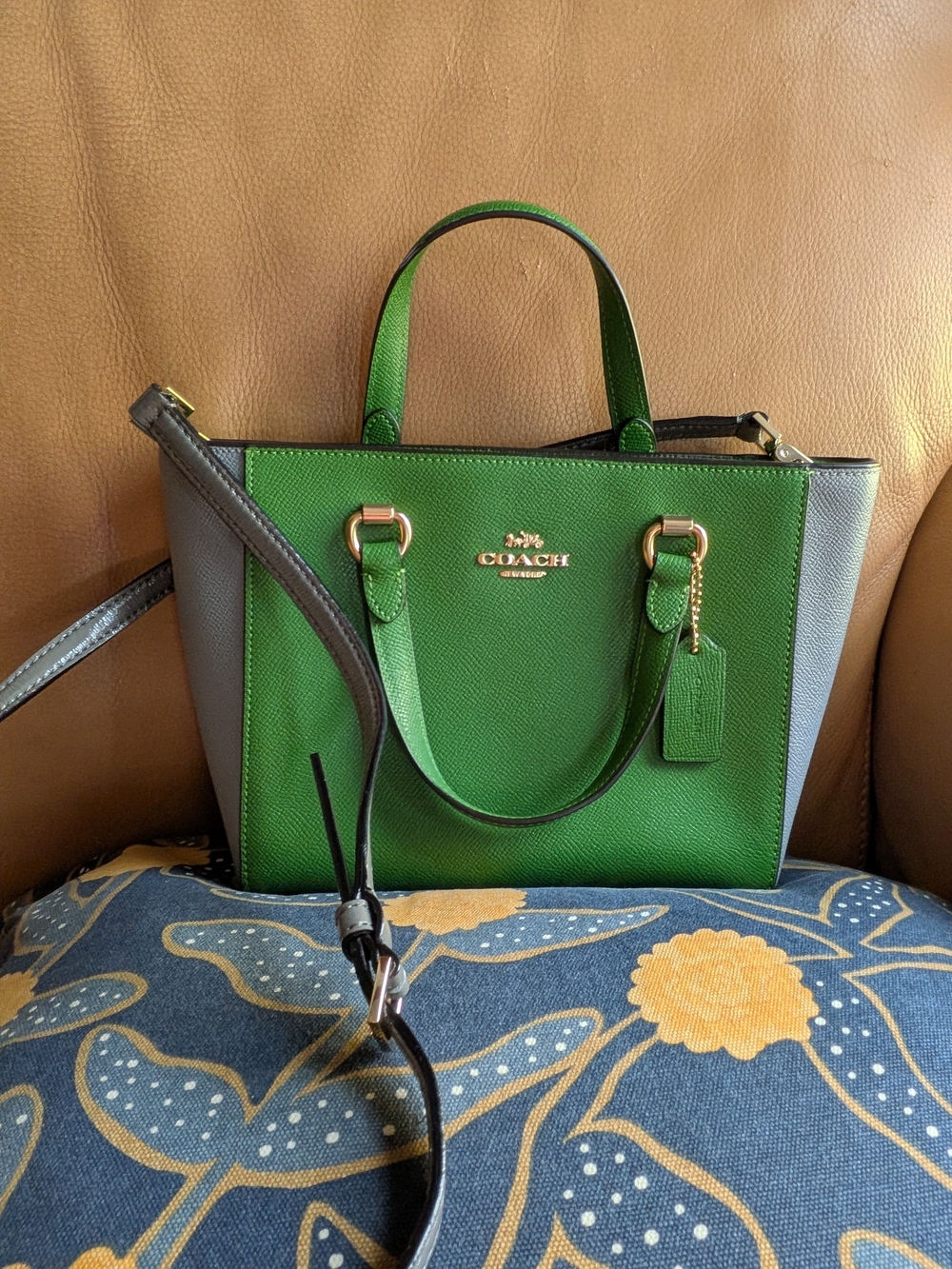 Coach Green and Gray Leather Crossbody Tote